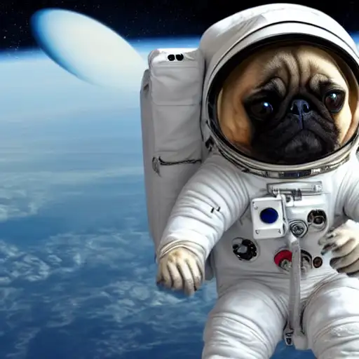 an astronaut pug flying to the moon, trending on artstation, ultra realistic digital art, cloudy background, white hair, short wavy hair, gentle smile, ethereal, god of thunder