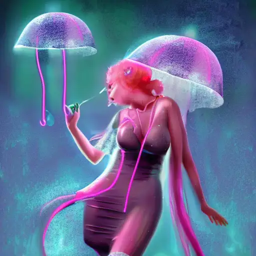 neon jellyfish in tokyo, three, gapmoe yandere grimdark, smooth render, dark lipstick, alberto vargas, dreamy and ethereal, rain like a dream, elegent, k
