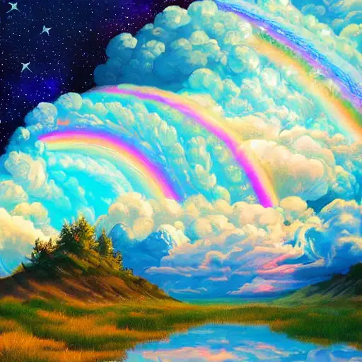 clouds and stars, rim lighting, 3d, rainbow bubbles, beautiful eyes, the most american landscape ever, glowing rich colors, background hyper detailed, palette knife and brush strokes, yusuke murata