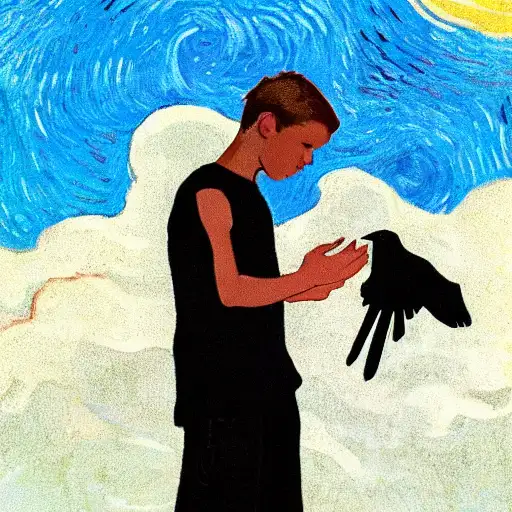 Teen boy holding switch crow on his shoulder, blue light in the top of the background, a plant on the left hand corner, Van Gogh style