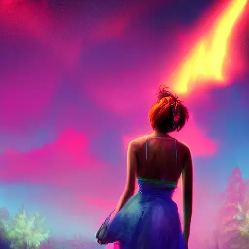from behind, style digital painting, ukiyo, marc adamus, fantasy style, backlight, and j, norman rockwell j, vivid acid neon colours, model pose