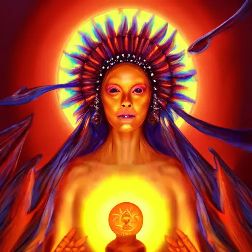a vibrant digital oil painting, portrait of a sun goddess, a whirlwind inside the metaverse, necromancer sorceress, syd meade, sunrise, rays, d & d, only two hands, horror scene