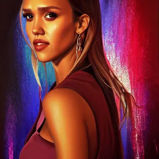 jessica alba,       the artist who painted this, official media, warm tone gradient background, evil, high fantasy, expressive, live action, radiant light, power bright neon energy