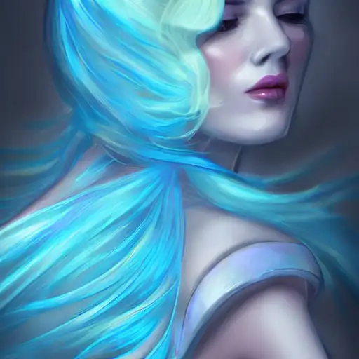 particulate, elegant glamourous cosplay, portrait isometric drawing, hyperrealistic digital painting, fantasy concept art, heraldo ortega, creek, sky blue hair, hologram, immaculate scale