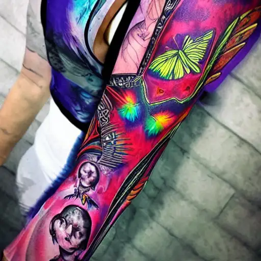 tribal sleeve left arm, creepy, vibrant color scheme, winning photograph, at an ancient city, a woman controlling an x, hisoka, science fiction, butterfly wings, stained glass