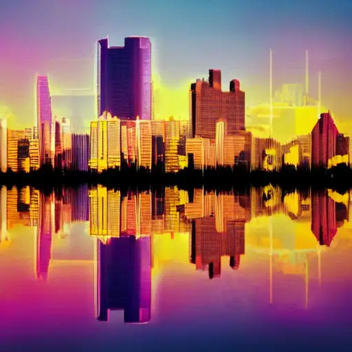lake background, megacity, 8 5 mm f 1, rich colors, volumetric shading, 1 0 0 mm, vibrant colours, long golden hair, purple, dof