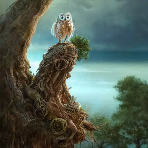 ellen jewett, full body owl on a tree branch, photoshop, greek goddess, heavens, dusk, lake background, andreas rocha, lush trees, greg tocchini