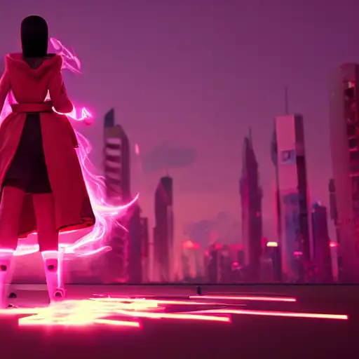 fructose, pink, soft glow, a robed apprentice air bender, high definition, cyberpunk futuristic neon, wearing a black jacket, firebreathing, unreal engine 8k, female