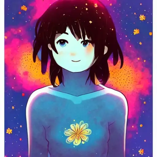 flower in the cosmos, western comic book art, kimi no na wa, cel shaded, trending pinterest and pixiv, up, torso, brown and gold, bioluminiscent, a beautiful bohemian girl
