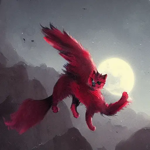 grungy, cat flying in the sky, character design by disney, horror, raphael lacoste, art by wlop, three quarter view, twitter, red mood in background, ernest khalimov