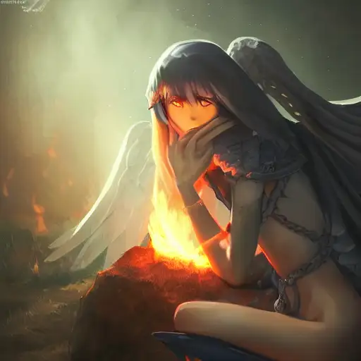 strong, angel knight gothic girl, finished concept art, french comic art, campfire, volumetric atmosphere, a portrait of jesus praying, studio trigger, cgsociety masterpiece, genetically augmented