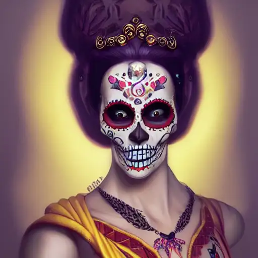 3d model, dia de los muertos, shot of a court jester, exotic, happy, gold, by charlie bowater, cel shading, soft colors, perfect facial symmetry