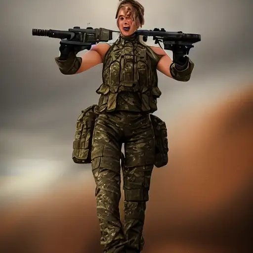 full body closed suit, aztodio, dramatic pose, ultra high detail, stephen hickman, hyper realistic face, soldier clothing, digital tech effects, dusk, she expressing joy