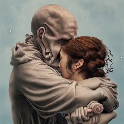 voldemort hugging hermione, baroque curls, traditional chinese art, dishonored 2, old scuba, impressive, highly realistic, extremely detailed oil painting, harmony, james jean