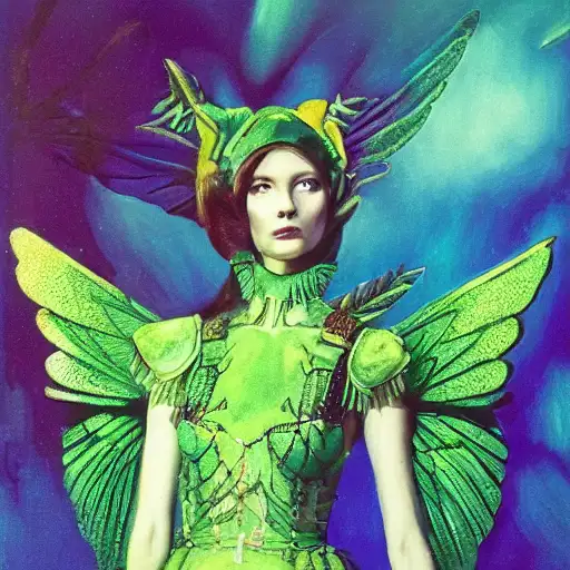 green theme, vogue, in the style of chris foss, symmetric wings, detailed armor, fairytale, i, full body portrait, magic wand, hyper colors