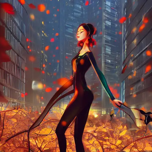 megacity, rays, wires, autumn leaves on the ground, sunny, trending on artstation and pixiv, glossy skin, sung choi, intricate fashion clothing, enoch bolles