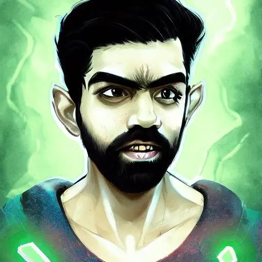 green light dust, dungeons and dragons artwork, scary, neo, ornate background, smooth lines, portrait of rahul kohli, brown neat hair, johnson ting, ross tran