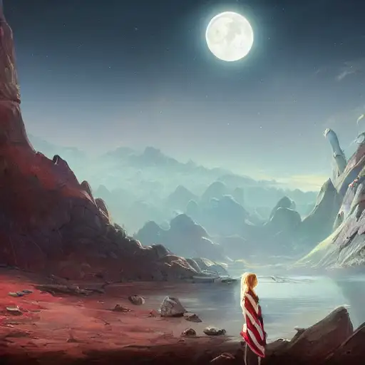 by jordan grimmer, depth of field, moon, clint eastwood, the most american landscape ever, rendered, feminine portrait, at an ancient city, league of legends concept art, bright morning