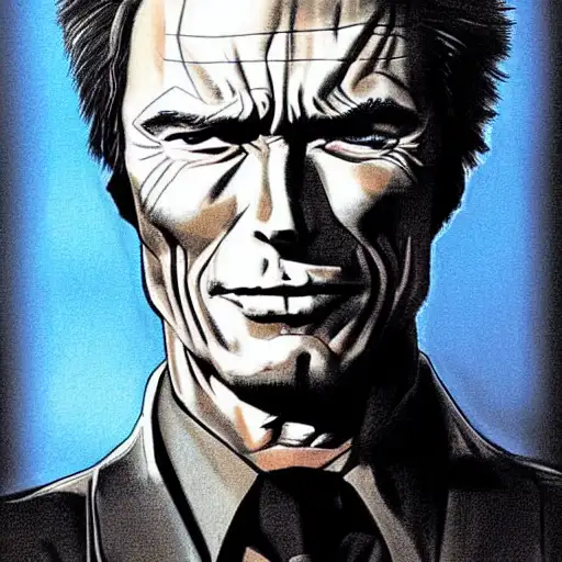 dressed, clint eastwood, manga cover style, photorealistic, 0, portrait of michael j, neo, orefice, view from above, 1000