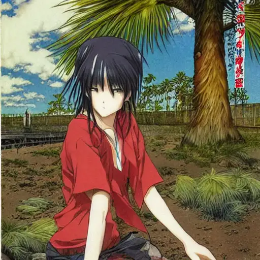 hiroaki samura, palm trees in the background, ponytail, monster art, very very anime, russian folk fairytale, old fashioned, ve ever seen, light, rich deep colours masterpiece