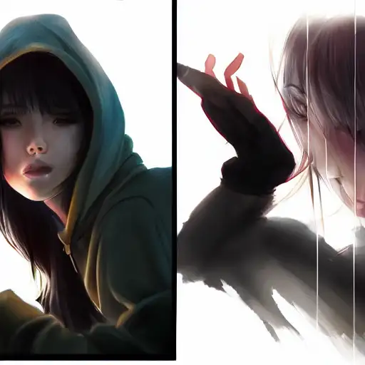 radiant light, johnson ting, works by artgerm, ultra detail, art by ross tran, black haired girl wearing hoodie, military art, shadows, realistic eyes, defined facial features