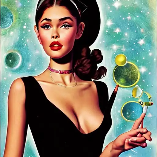 digital oth, hd quality, black dress, space graphics art in background, a photo of madison beer, cute face, by gil elvgren, wes anderson, fine detail, d & d trending on artstation