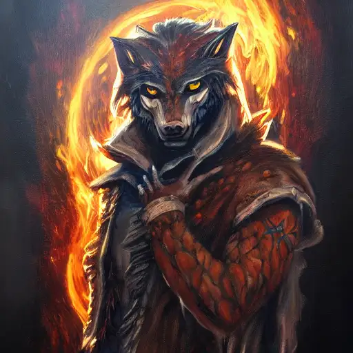 picture of male lycan wolf bard, action, d&d trending on artstation, lovecraftian, in cityscape, flames, acrylic on canvas, bold, frostbite 3 engine, portrait painting of a post
