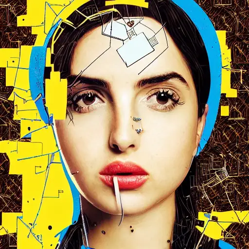 worksafe, a portrait of ana de armas, circuitry, features intricate detail, cliff chiang, pouty face, kintsugi, hyper, smoke, sky blue straight hair
