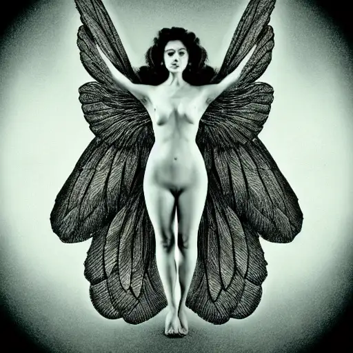 symmetric wings, dark background, spells practice, 1 9 5 0 s, sensual pose, desaturated, in the style of cam sykes, golden ratio, machines, ernst haeckel