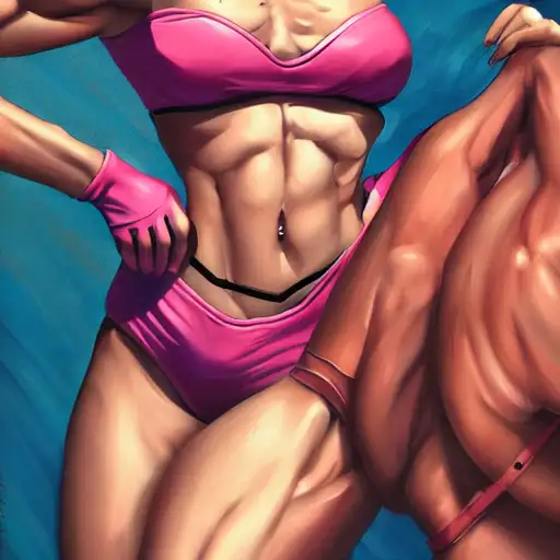 pixiv top monthly, cybernetic, painting, muscle extremely detailed, bikini, full of color, octane, high detail clothing, symmetrical eyes, centered
