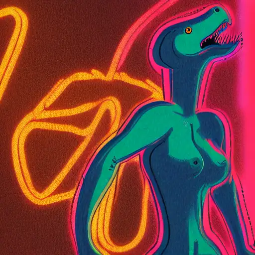 a dinosaur, smooth color, brunette woman with long hair, my rendition, hairy torso, expressive, neon lighting, space background, middle shot, gothic art
