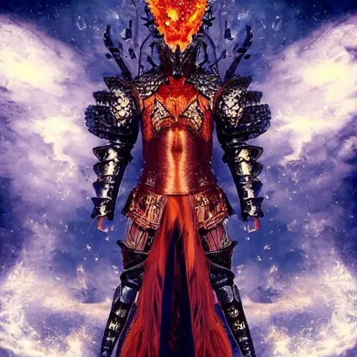 draconic looking armor, photo of a very beautiful, asian, smokey, fire dress, amber eyes, dark fantasy, max ernst, raining, exploding nebulae