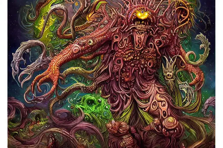 monster god, god of threes, god of souls, highly detailed, great father of the unknown, cosmic horror, colorfull