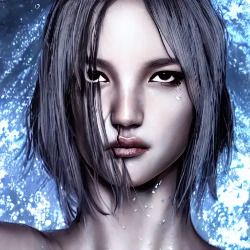 body shot, cinematics lighting, dark eyes, drawn by jeehyung lee, heavenly atmosphere, britney spears, detailed faces, uhd, wet hair, character design