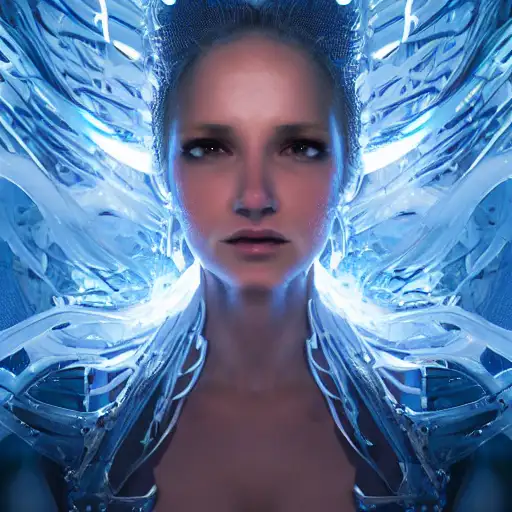 the queen of blades, octane render 8k, astri lohne, good clear quality, beautiful glowing lights, flooded boiler room of a ship, maxim cover, wings, blue light, half portrait by stanley artgerm