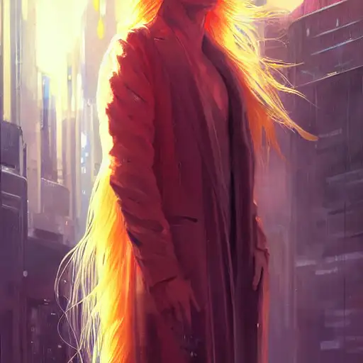 long golden hair, by vincent di fate, donald trump, very anime, feathered robe, painting by greg rutkowski, super detailed, french comic art, cyberpunk style, jellyfish phoenix head