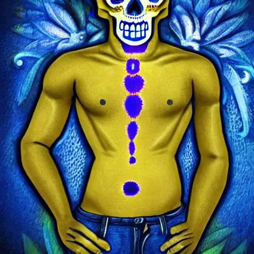 in blue and yellow clothes, but he looks a bit young, surprising, radiant light, visual key, full of details, torso, dia de los muertos, upperbody, c