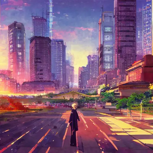 huge cityscape, cute fine face, sunrise, lights with bloom, very very anime, kimi no na wa, by mikhail vrubel, art by pixiv art, 1 9 8 0, by yoshitaka amano