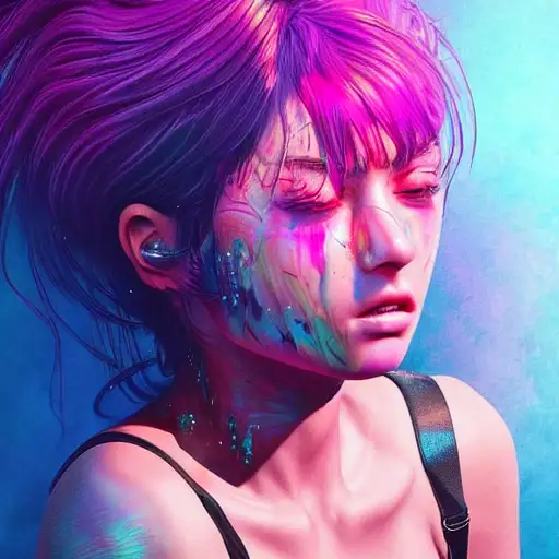 trending on artstation, ultra realistic digital art, colorful, psychedelic, vaporwave aesthetic, synthwave, crying, tears running down, young woman, detailed gorgeous face