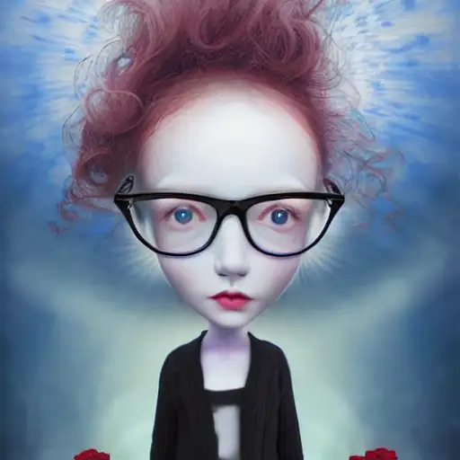 stairway to heaven, glasses, awe, detailed faces, blue and red hair, mark ryden, 3d, ethereal mystery portal, rose tones, up composition