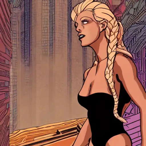 art by laurie greasley, beauty, dnd, flowing hair, black tank top, fountain, britney spears, profile, magical realism, posing in bikini