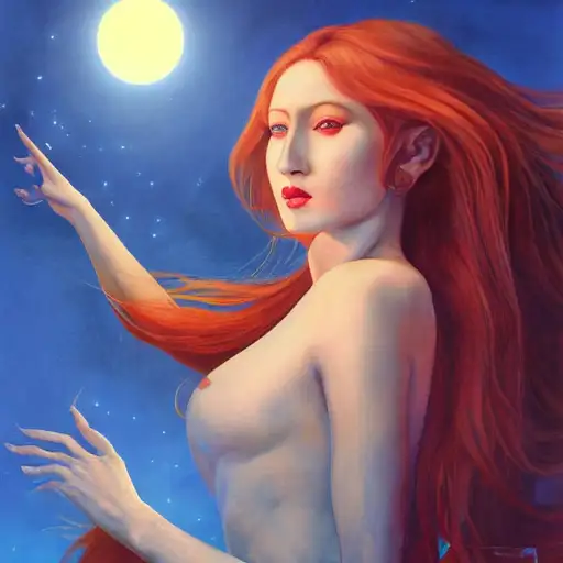 ernst fuchs and artgerm, cel shaded, full moon, unreal engine 5 rendered, fish, julie bell, sky blue straight hair, by rembrandt, tranding on artstation, sunny day