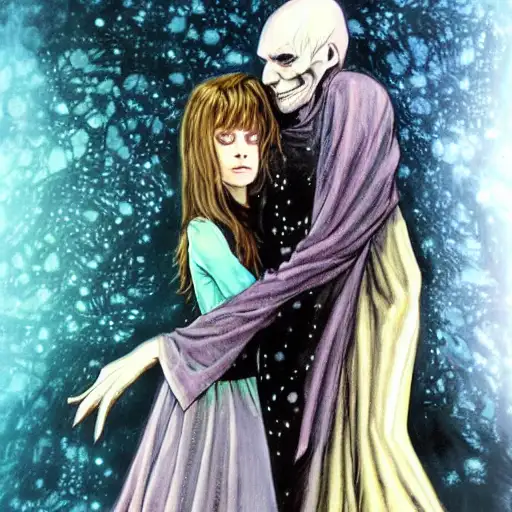 voldemort hugging hermione, philippe druillet, creative, johnson ting, monster art, sparks, powerfull, caustics, head on, cute freckles