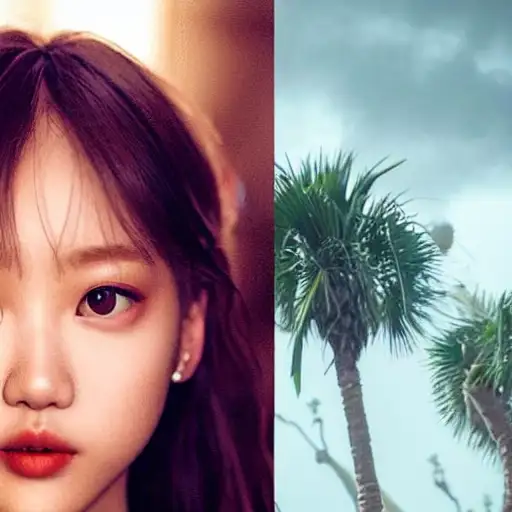 christopher nolan, storybook, lalisa manoban of blackpink, beautiful eyes, cgsociety, white powder makeup, aliens, storm, hair down, palm trees in the background