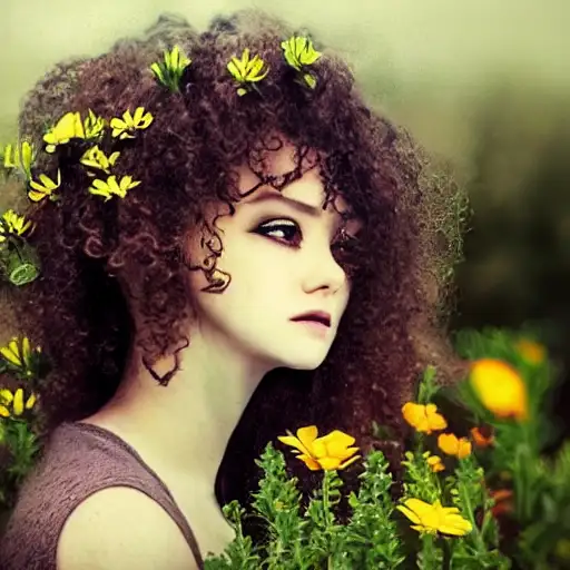 flowers, tilt shift, curly hair, neuromancer, elegant girl in urban outfit, surrealistic, large eyes, hunter, e, long black hair