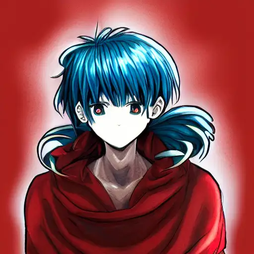 environmental art, on, smooth draw, circuitry, three quarter view, official fanart, kentaro miura, blue and red hair, ultra graphics, ultra details