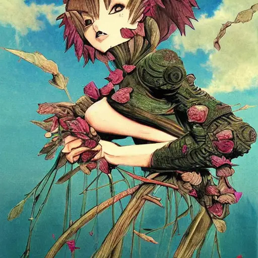 fantasy art by greg rutkowsky, depth, max ernst, posing for a fight intricate, soft rose and dried petals, sand, crown, an anime drawing by jin homura, grass, piglets