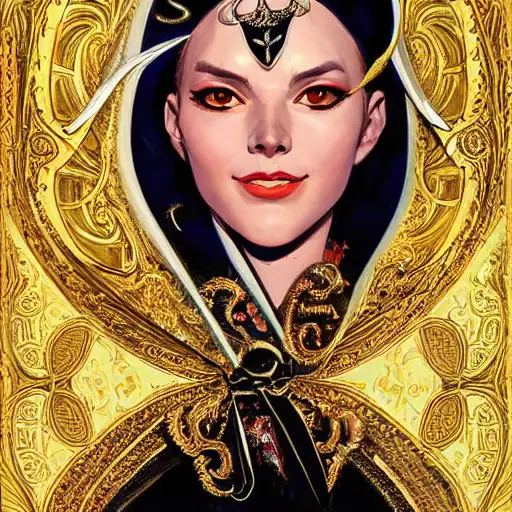 style of vento aureo cover art, highly ornate intricate details, karlkka, warm smile, vincent di fate, baroque element, by james gurney, pearlescent, soldier girl, fine details