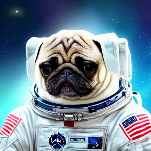 an astronaut pug flying to the moon, trending on artstation, ultra realistic digital art, cloudy background, white hair, short wavy hair, gentle smile, ethereal, god of thunder