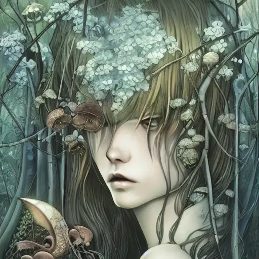 fantasy forest landscape, art nouveau botanicals, omoide emanon, gloomy, realistic anime, hyperdetailed, delicate, skull, mushrooms with faces, art by stanley lau